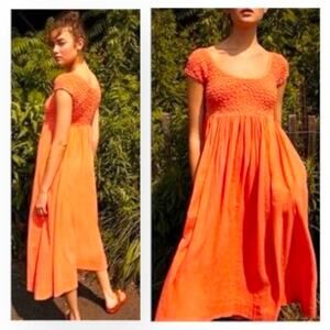 FREE PEOPLE All Eyes On You Smocked Midi Dress Cabincore Boho Ethereal Orange